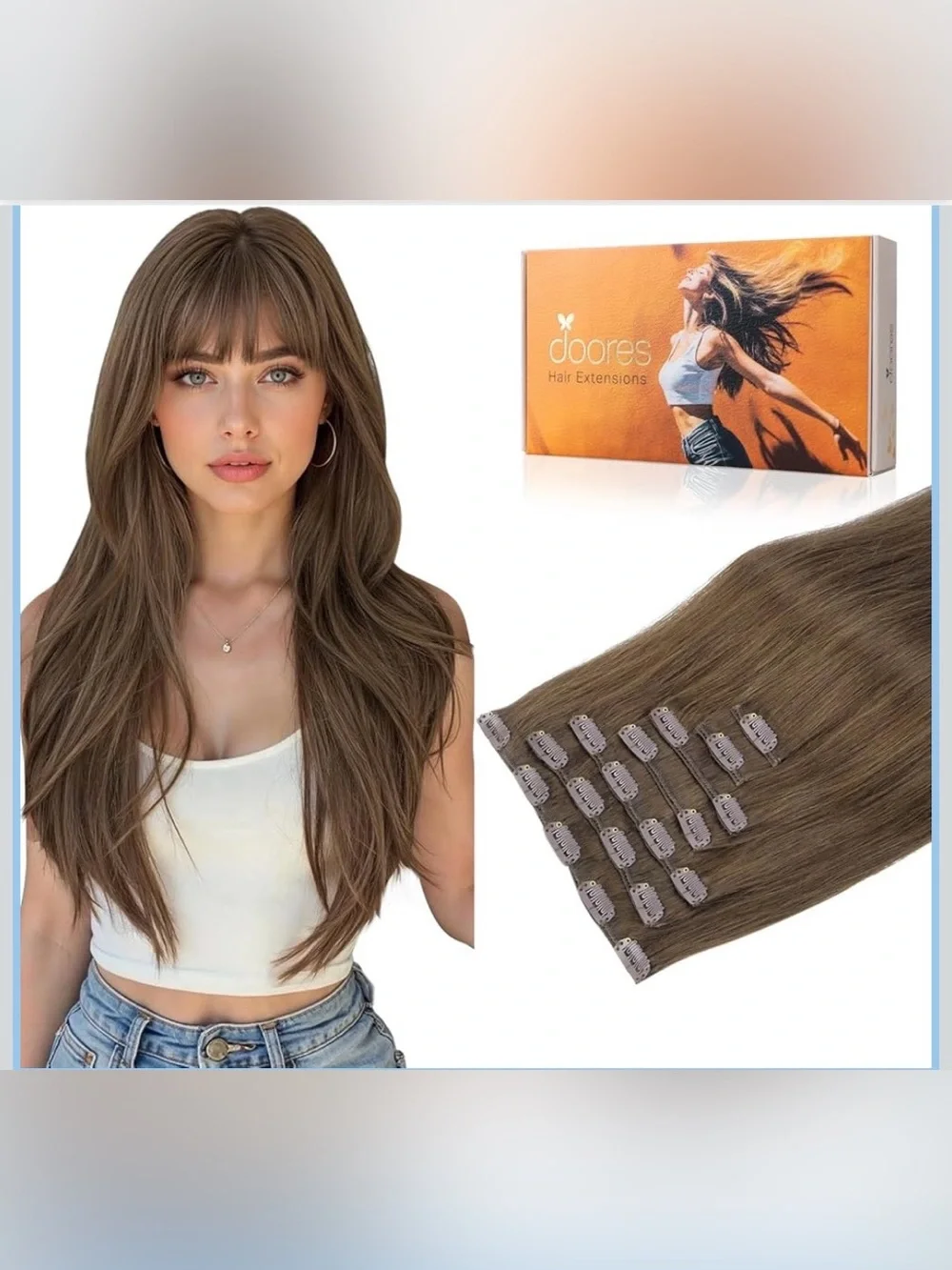 DOORES 100% Human Hair Clip-In Extensions 14” 100g 7pcs Light Ash Brown #5 NIB
